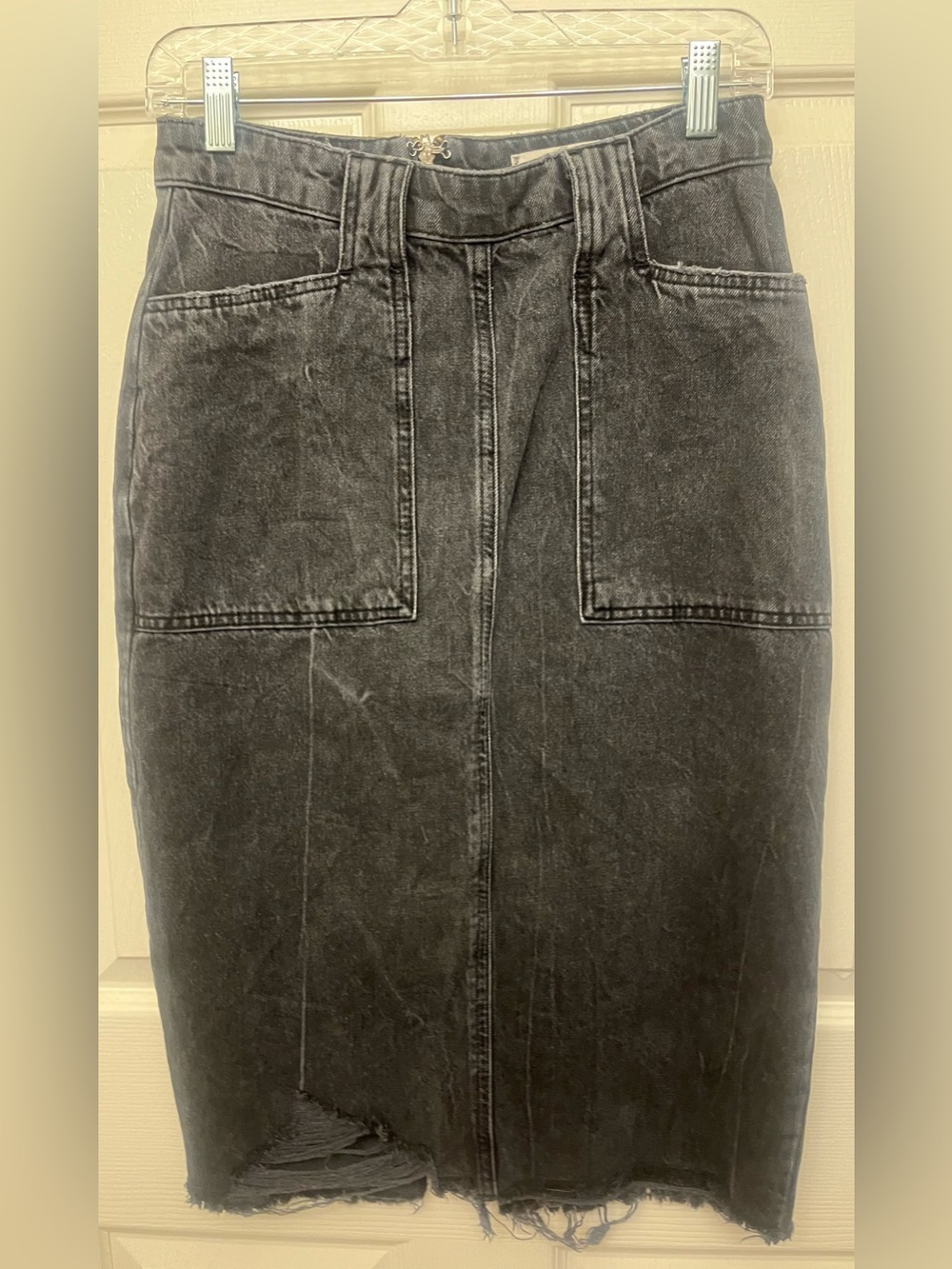 Free People Distressed Denim High Rise MIDI Skirt